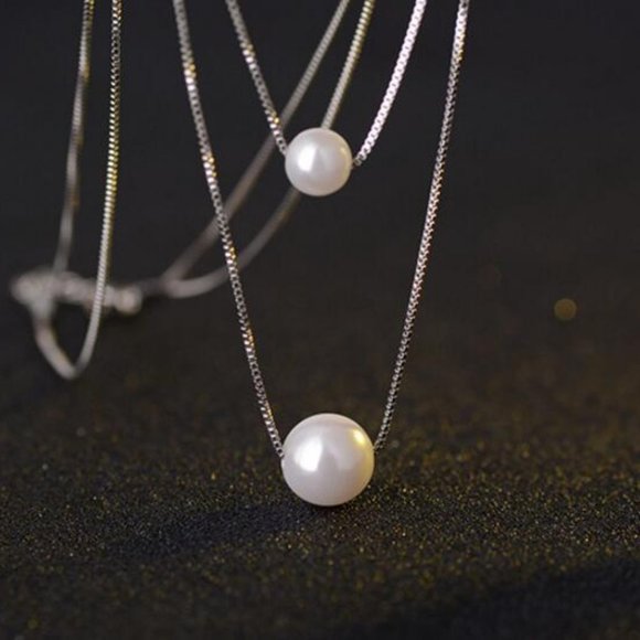 925 Sterling Silver Double Layer Pearl Necklace - Picture 5 of 8